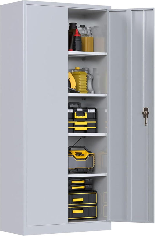 Metal Garage Storage Cabinet, Steel Lockable File Cabinet with 2 Doors and 4 Adjustable Shelves for Garage Home Office Storage, Assembly Required, Gray, 71" H