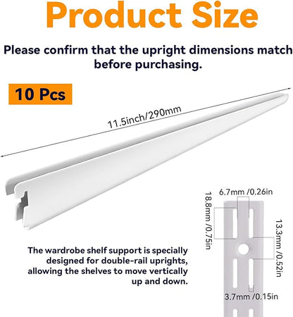 10 Pack Adjustable Shelf Brackets Shelving Brackets Heavy Duty, Double Track System Metal Stand, Metal Upright Track Stands for Adjustable Closet Systems Closet Organization, 11.5 Inches