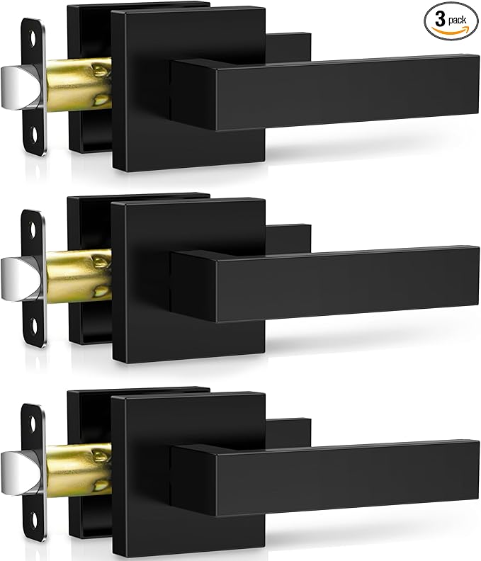 3 Pack Matte Black Door Handles, Passage Door Levers for Hallway & Closet, Interior Keyless Door Knobs Heavy Duty Square Non-Locking Handlesets, Reversible for Left & Right Sided Doors