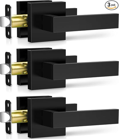 3 Pack Matte Black Door Handles, Passage Door Levers for Hallway & Closet, Interior Keyless Door Knobs Heavy Duty Square Non-Locking Handlesets, Reversible for Left & Right Sided Doors
