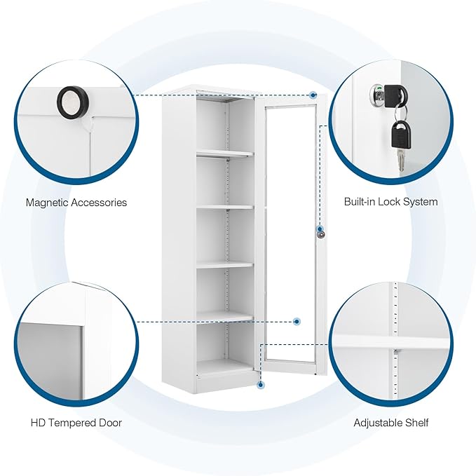 Display Storage Cabinet with Glass Doors, 65 Inches Metal Curio Cabinets with 4 Adjustable Shelves, HD Tempered Glass Cabinet Display Case for Home, Office, Pantry, Assemble Required (White)