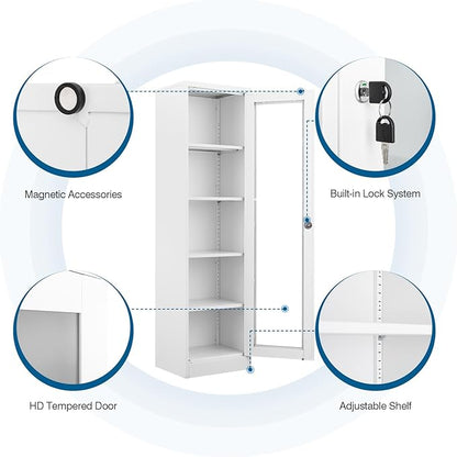 Display Storage Cabinet with Glass Doors, 65 Inches Metal Curio Cabinets with 4 Adjustable Shelves, HD Tempered Glass Cabinet Display Case for Home, Office, Pantry, Assemble Required (White)