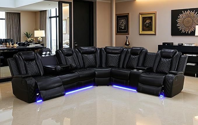 Living Room Furniture Set, Power Sectional Recliner Sofa Set with LED Light,Black Air Leather Power Reclining Sofa with 2 Recliner Seats/Cup Holders/USB Port/Storage Console for Living Room