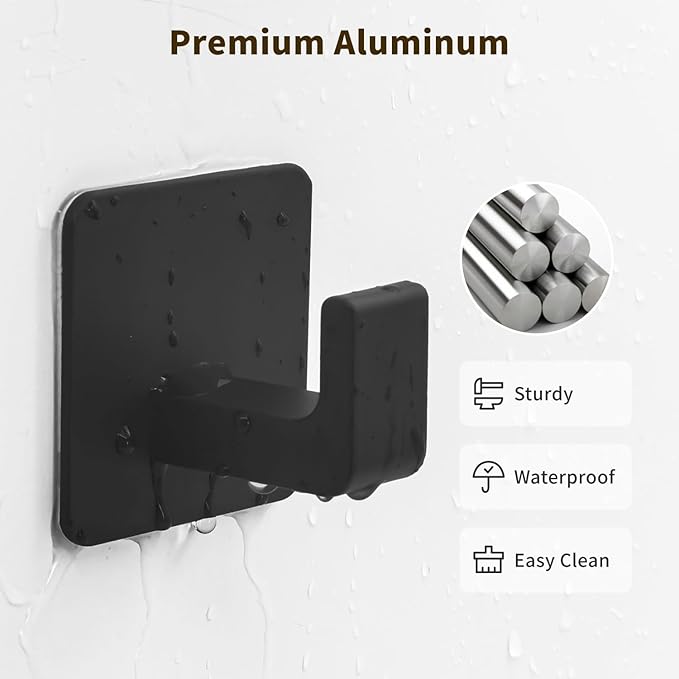 Square Self Adhesive Towel Hooks - 6 Pack Matte Black Metal Hooks, Right-Angle Design for Towels, Robes & Hats, Organize Bathroom, Kitchen, Entryway, Doors, Cabinets on Smooth Surfaces