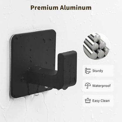 Square Self Adhesive Towel Hooks - 6 Pack Matte Black Metal Hooks, Right-Angle Design for Towels, Robes & Hats, Organize Bathroom, Kitchen, Entryway, Doors, Cabinets on Smooth Surfaces