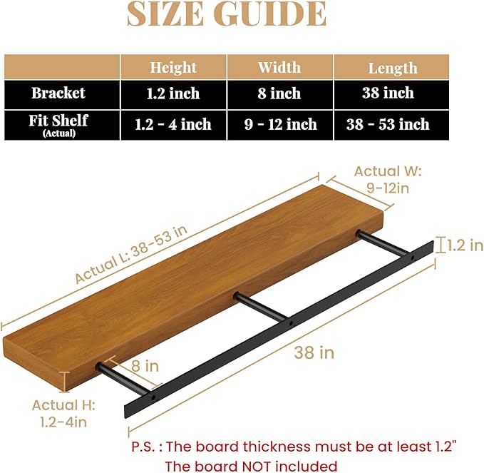 Floating Shelf Bracket Heavy Duty Shelving Brackets,Decorative Floating Shelf Hardware Black,Hidden Metal Shelf Support Bracket Heavy Duty Floating Mantel Bracket,200lbs (38X8X1.2-Starter Jig)
