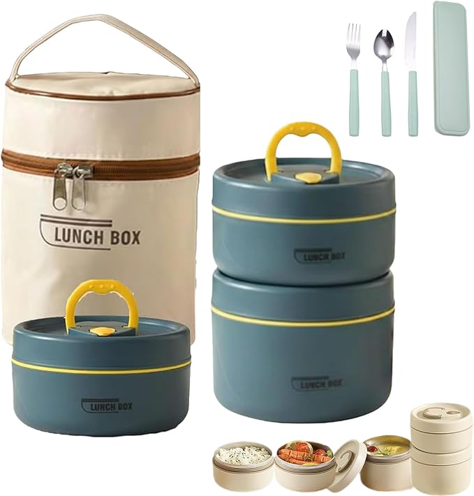Portable Insulated Lunch Container Set, 4 Tier Separate Stackable Stainless Steel Lunch Container with Insulated Lunchs Bag, Bento Box Hot Food Lunch Containers to Microwave (Blue, 3-Tier)
