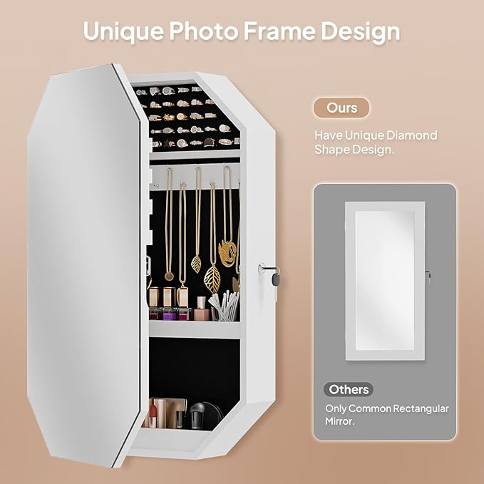 Bonnlo Modern Diamond-Shaped Jewelry Armoire, Lockable Octagonal Jewelry Cabinet Organizer with Mirror, Wall Mounted for Space Saving