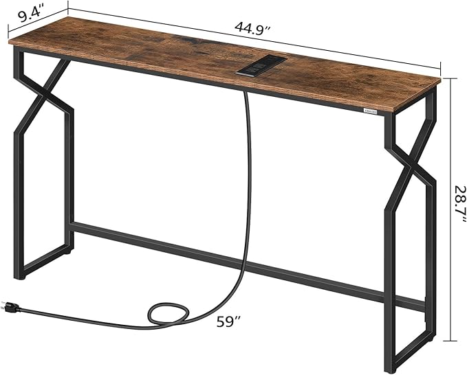 Sofa Console Table, 44.9" Entryway Table with Charging Station, Narrow Couch Table, Hallway Table, Sofa Table with USB Ports, Metal Frame, for Entrance, Living Room, Rustic Brown CTHR113E01