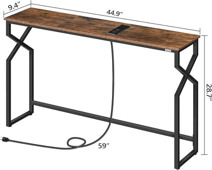 Sofa Console Table, 44.9" Entryway Table with Charging Station, Narrow Couch Table, Hallway Table, Sofa Table with USB Ports, Metal Frame, for Entrance, Living Room, Rustic Brown CTHR113E01