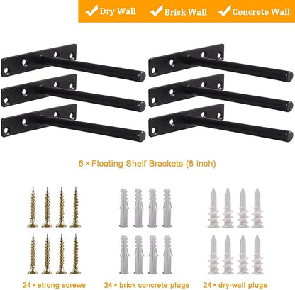 Blind Floating Shelf Brackets - DIY Heavy Duty 8 inch Wall Shelf Brackets, Solid Stainless Steel Matte Black Hidden Support with Hardware for Custom Wood Shelves (6 Pack)