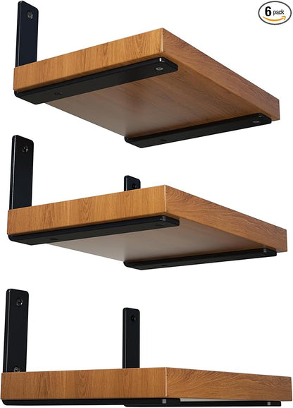 6-Pack 10 Inch Heavy Duty Shelf Brackets, Premium Floating L Bracket for Wall, Kitchen, Mantel Shelves Support | Quarter Inch (1/4") Thick | Black Powder Coated Steel