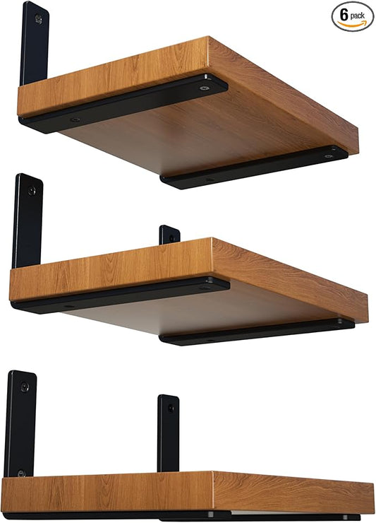 6-Pack 10 Inch Heavy Duty Shelf Brackets, Premium Floating L Bracket for Wall, Kitchen, Mantel Shelves Support | Quarter Inch (1/4") Thick | Black Powder Coated Steel