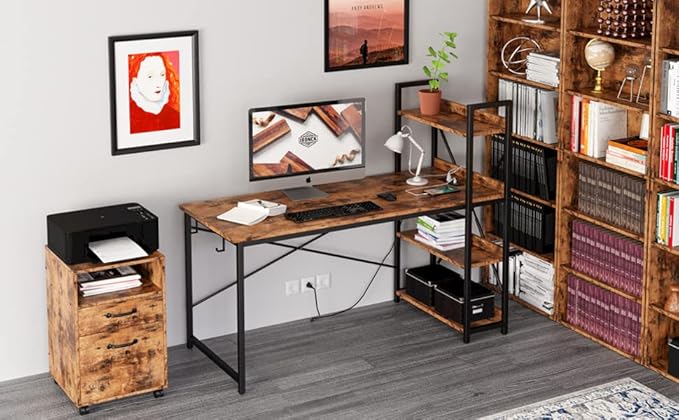 IRONCK Computer Desk 47" with Power Outlet and Storage Shelves, Study Writing Table with USB Ports Charging Station, PC Desk Workstation for Home Office, Rustic Brown