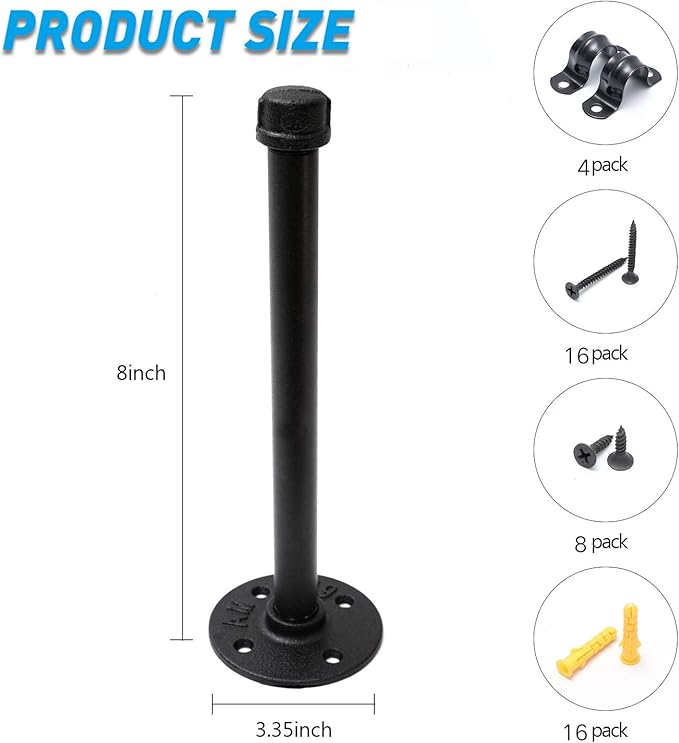 1/2" Industrial Black Iron Pipe Shelf Brackets, Rustic Wall Mounted DIY Shelving Bracket Hanging Custom Pipe Brackets for Floating Shelves (8 Inch, Piece, 4.0)