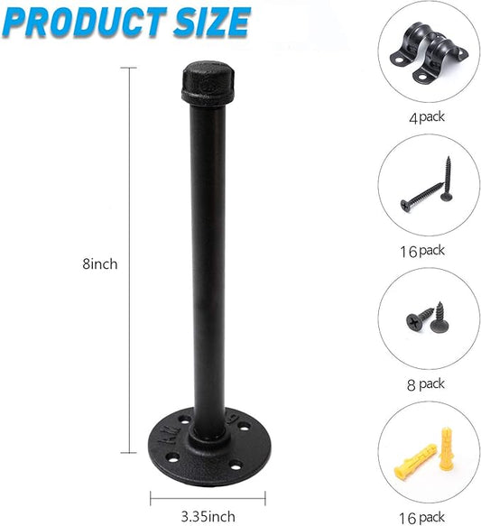 1/2" Industrial Black Iron Pipe Shelf Brackets, Rustic Wall Mounted DIY Shelving Bracket Hanging Custom Pipe Brackets for Floating Shelves (8 Inch, Piece, 4.0)
