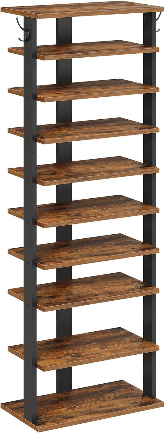 HOOBRO 10 Tiers Vertical Shoe Rack, Wooden Shoe Storage Organizer with Hooks, Narrow Shoe Tower for 20 Pairs, Space Saving, for Entryway, Living Room, Bedroom, Rustic Brown FG140XJ01