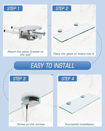Alise Glass Shelf Bracket Adjustable Shower Brackets,Heavy Duty Rectangle Clamp Holder for 8-12mm Glass Shelves,Wall Mount Clamps Clip Support Hardware Replacement Parts,Polished Chrome 4 Pcs