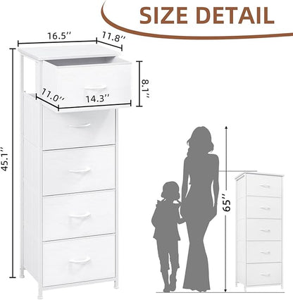 Somdot Tall Dresser for Bedroom, Chest of Drawers Storage Organizer,Steel, Non-Woven Fabric Drawers, Closet Bedside Living Room Entryway Hallway, 11.8"D x 16.5"W x 45.1"H (5 Drawers) White Leather, 1