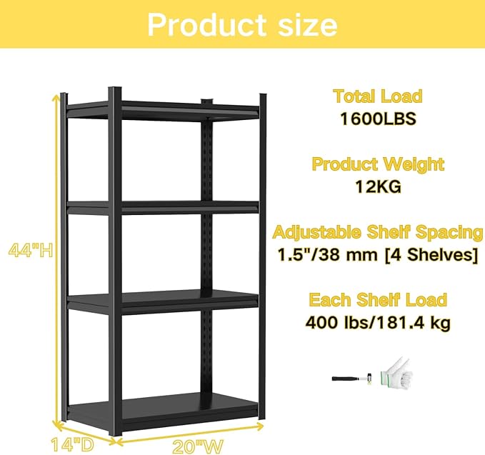 Kitchen Storage Shelves, 44''H*20''W Microwave Stand, Adjustable Metal Shelving, 1600LBS Bakers Rack, Black Kitchen Shelf, 4-Tier Shelving Unit for Bathroom, Pantry, Laundry, Closet, Garage
