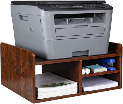 PAG Desktop Printer Stand with Storage, Paper Storage Holder Rack for Desk, Wooden Printer Organization for Home/Office, Retro Brown