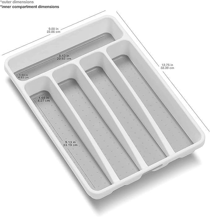 madesmart Premium Small Silverware Tray, Compact 5 Compartment Flatware Organizer for Forks, Knives & Spoons, Non Slip, Soft Grip Lining, Fits Small Drawers, White