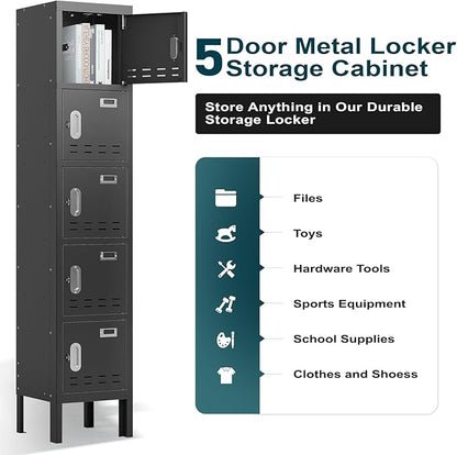 Metal Storage Locker with Lock & Card Slot Locker - Secure Lockable Door - Steel Locker for School, Office, Gym, Home - 66.15" H x 11.8" W x 11.8" D（5 Door, Black）