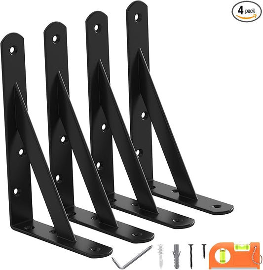 4-Pack 7 Inch Heavy Duty Shelf Brackets, Large Floating Wall Bracket for Garage Storage Shelves, Black Powder-Coated Finish, Load Capacity 800lbs