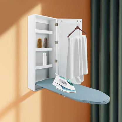 Ironing Board Cabinet Wall Mounted, Cabinet with Built-in Ironing Board, Foldable Ironing Storage Station with Mirror for Home, Apartment & Small Spaces, Easy-Release Lever