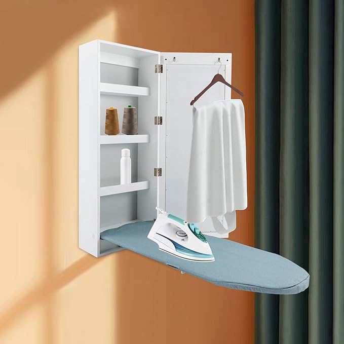 3 Tier Shelf Wall-Mounted Ironing Board Foldable Clothes Ironing Table Pull-Out Stow Away Ironing Board Retractable Small Ironing Board Ironing Storage with Mirror for Home Apartment