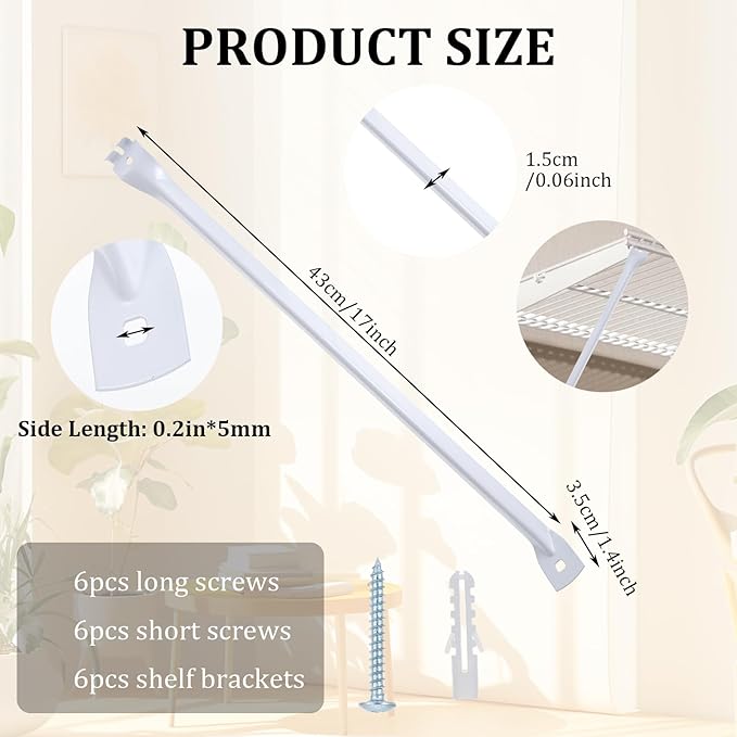6 Pcs Support Brackets for Wire Shelving, 17 inches Closet Wire Shelf Brackets with Anchors and Pins for Installation
