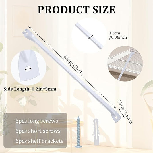 6 Pcs Support Brackets for Wire Shelving, 17 inches Closet Wire Shelf Brackets with Anchors and Pins for Installation