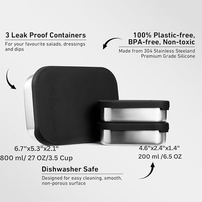 Leak proof Stainless Steel Lunch Box| Stainless Steel bento box | Metal Lunch Containers| Sandwich ,Snacks container| Meal prep| Metal lunch box| Korean Lunch Box| Black|SMall 27 Oz+ 2*6.5Oz