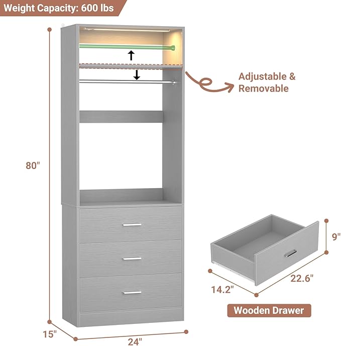 2FT Closet System with 3CCT Motion Sensor Light, 24" Closet Organizer with 3 Wooden Drawers, Closet Systems with Hanging Rod & Top Storage, Small Closets Wardrobe for Walk-in Closets, Grey