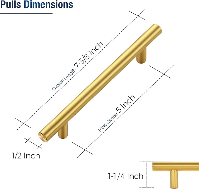 JOY DECOR 20 Pack Cabinet Handles, Gold Cabinet Pulls, 5 in Hole Center Kitchen Cabinet Handles, Stainless Steel T Bar Handles for Dresser Drawers