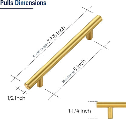 JOY DECOR 20 Pack Cabinet Handles, Gold Cabinet Pulls, 5 in Hole Center Kitchen Cabinet Handles, Stainless Steel T Bar Handles for Dresser Drawers
