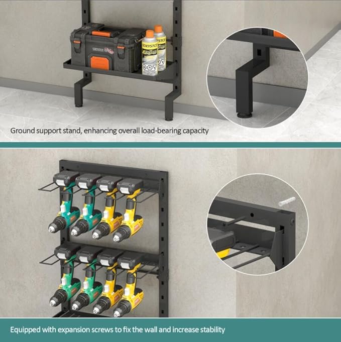 Bukfen Garage Tool Storage Rack, Wall Mount 5-Tier Heavy Duty Metal Organizer with 8 Drill Holder Slots, Adjustable Shelves, Side Hooks Workshop Utility 1 Pack Black Vertical Space-Saving Organization