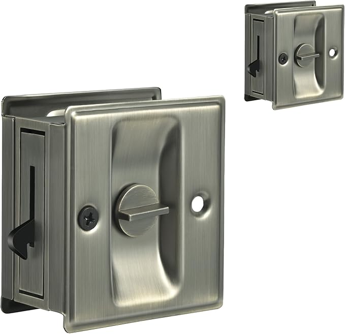 HOMOTEK 2 Pack Privacy Sliding Door Lock with Pull - Replace Old Or Damaged Pocket Door Locks Hardware Quickly and Easily, 2-3/4”x2-1/2”, for 1-3/8” Thickness Door, Antique Brass