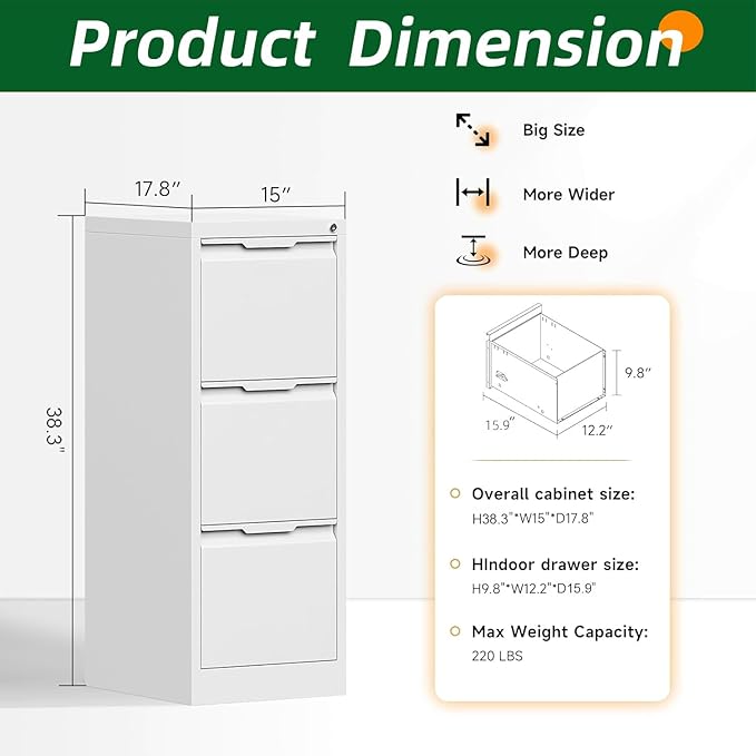 3 Drawer File Cabinet with Lock, White Vertical Filing Cabinets for Home Office, Locking Metal File Cabinet for Letter/Legal/A4/F4 Size, Assemble Required