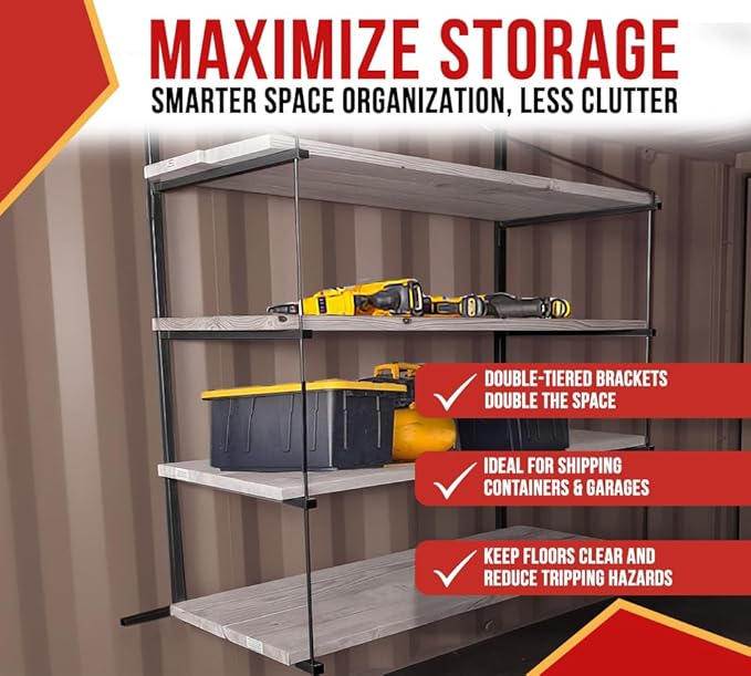 Mytee Products 8 Pack 4 Tier Shipping Container Shelving Bracket with Hooks - 19" x 77-1/2", 551 lbs WLL - Black Powder Coated Steel for Heavy Duty Trailer Containers - Easy to Assemble & Remove