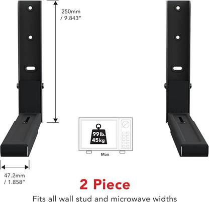 AVF Wall-Mounted Microwave Oven Brackets – Universal Fit, Heavy-Duty Black Steel – Adjustable Arms Hold Up to 99 lbs – Set of 2 Microwave Shelf Support Brackets