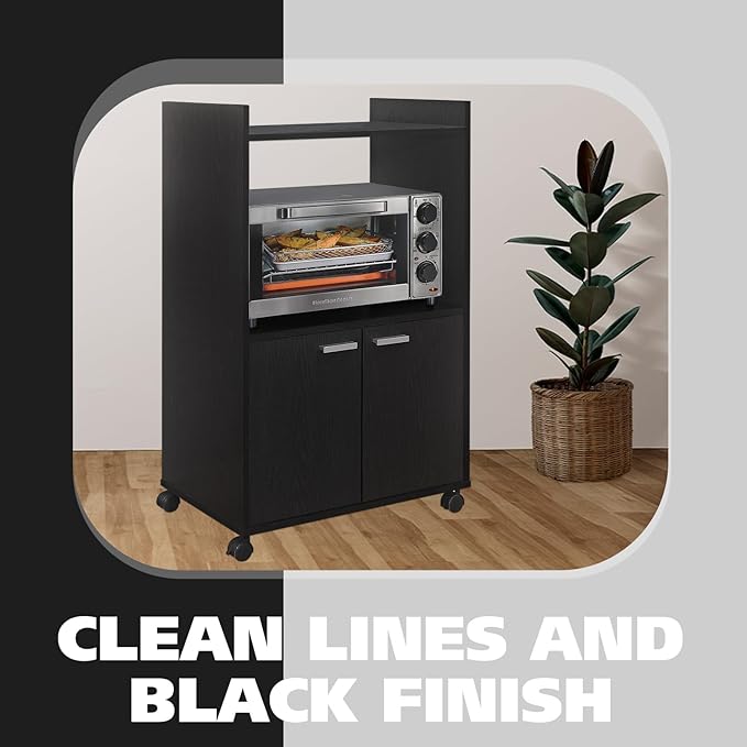 Kings Brand Furniture Ayla Microwave Cabinet with Storage and Upper Shelf for Kitchen Appliances - 2 Door Cabinet Kitchen Storage Cart - Wood Kitchen Cart with Lockable Castors Wheels – Black