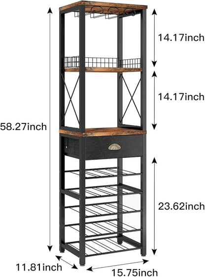Homeiju Wine Rack Freestanding Floor, Bar Cabinet for Liquor and Glasses, 4-Tier bar Cabinet with Tabletop, Glass Holder, Storage Drawer and Wine Storage for Living Room (Patent No.D29872845)