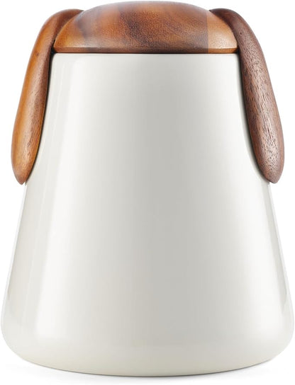nambe Dog Treat Jar | Pet Food Storage Container | Puppy Ears Design | Made of Porcelain with Acacia Wood Lid | Measures 6.5 x 7.5 Inch | Designed by Karim Rashid