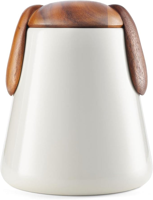nambe Dog Treat Jar | Pet Food Storage Container | Puppy Ears Design | Made of Porcelain with Acacia Wood Lid | Measures 6.5 x 7.5 Inch | Designed by Karim Rashid