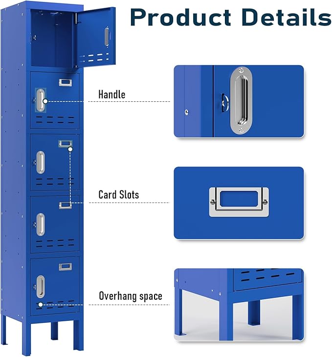Metal Storage Locker with Lock & Card Slot Locker - Secure Lockable Door - Steel Locker for School, Office, Gym, Home - 66.15" H x 11.8" W x 11.8" D（5 Door, Blue）