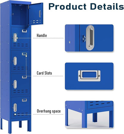 Metal Storage Locker with Lock & Card Slot Locker - Secure Lockable Door - Steel Locker for School, Office, Gym, Home - 66.15" H x 11.8" W x 11.8" D（5 Door, Blue）