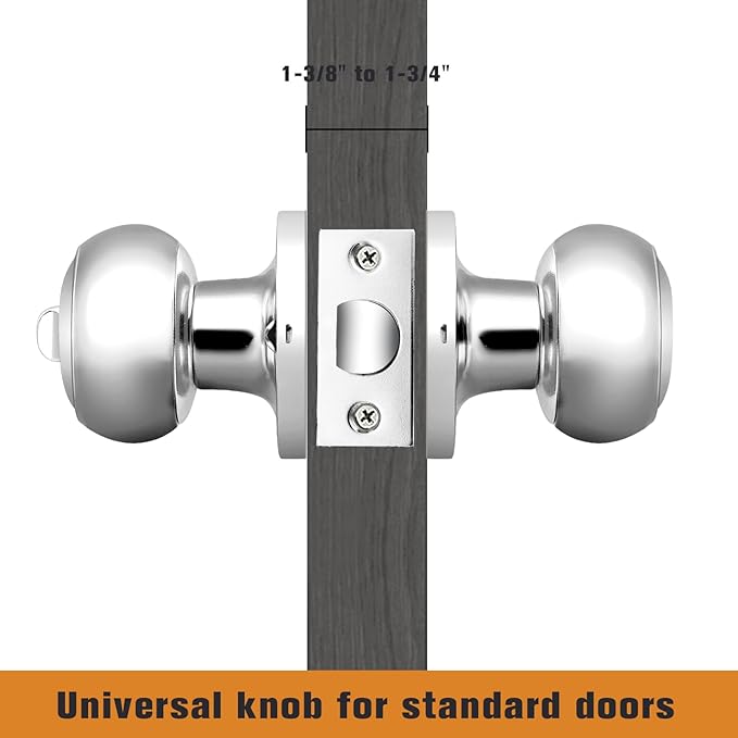 Probrico Polished Chrome Privacy Door Knobs, Interior Door Lock for Bathroom Bedroom, Keyless Round Ball Knob Handle, Thumb-Turn Locking, 3 Pack