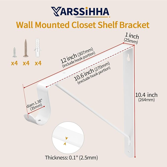 Yarssihha 2 Pack Closet Rod Bracket, 12 x 10.4 Inch Wall Mounted Closet Shelf Bracket, White Closet Rod Support Bracket with Screws
