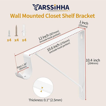 Yarssihha 2 Pack Closet Rod Bracket, 12 x 10.4 Inch Wall Mounted Closet Shelf Bracket, White Closet Rod Support Bracket with Screws